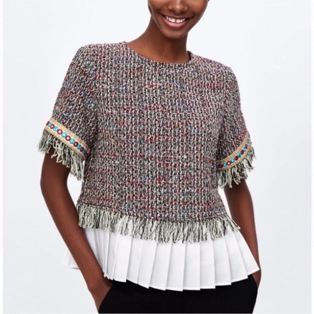 Zara Tweed Top with Pleated Detail Fringe Size XSmall